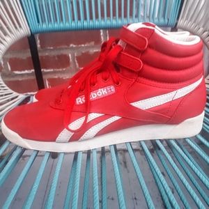 Red and White Reebok Classic High tops